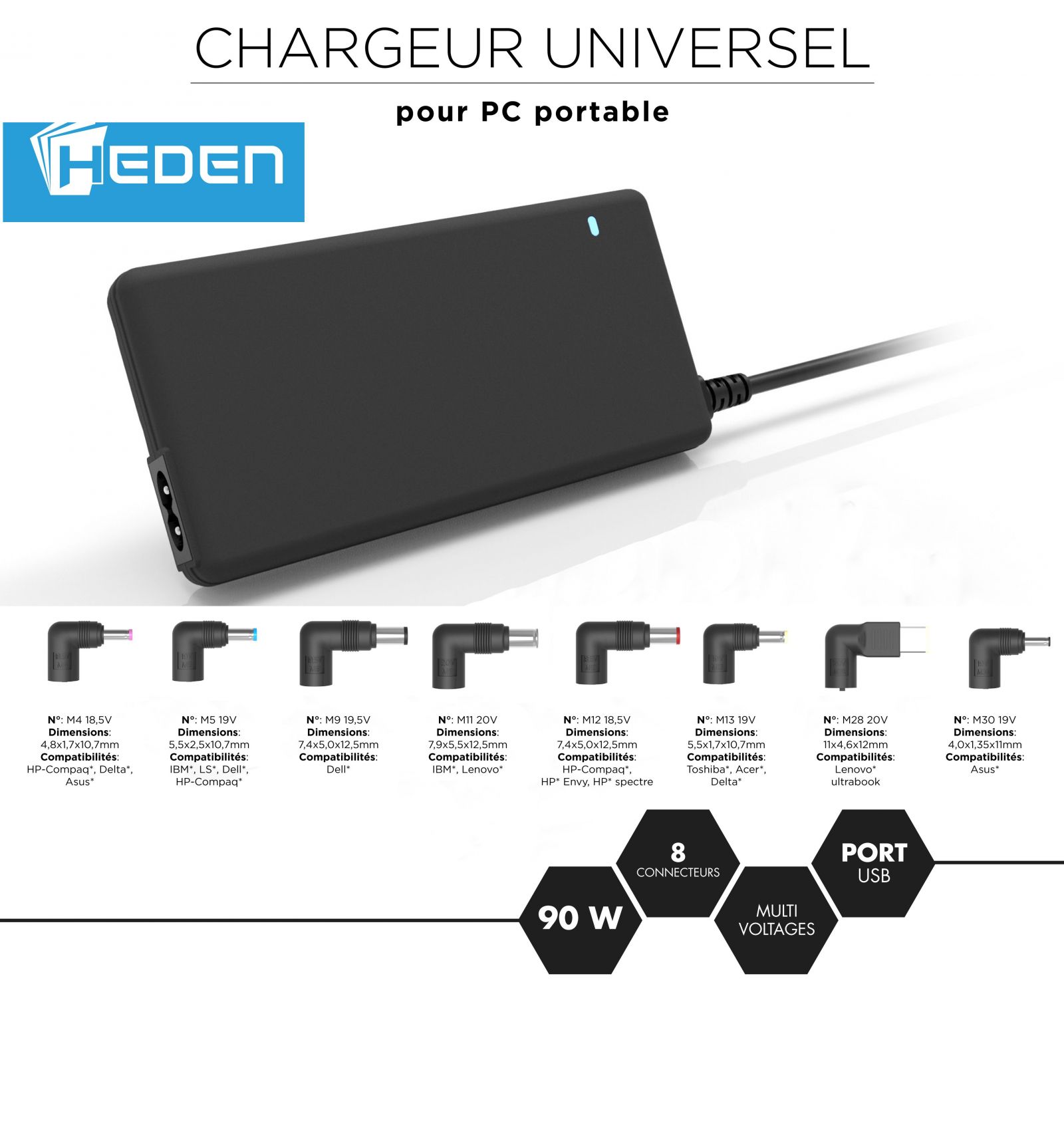 Chargeur universel POWERUP 90W compatible HP, 3 embouts, compact
